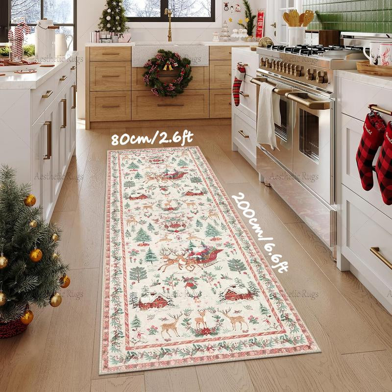 Retro Christmas Tree Deer Floral Carpet, Soft Plush Non-Slip Mat, Foldable, Indoor Use, Pet Friendly, Home Decor