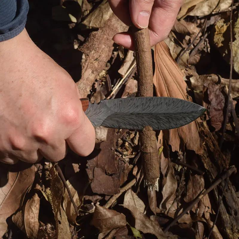 Portable Survival Knife with Wooden Handle & Leather Sheath - Feather Pattern Full Tang Blade for Dressing Game, Slicing Food, Bushcraft | Hunting Gift for Men