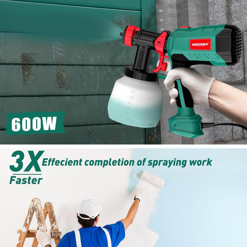 Paint Sprayer, HYCHIKA 600W HVLP Electric Paint Sprayer, 1200ML Tank 4 Nozzles and 2 Cleaning Tools, 3 Patterns for Walls and Ceilings, Fence, Wood