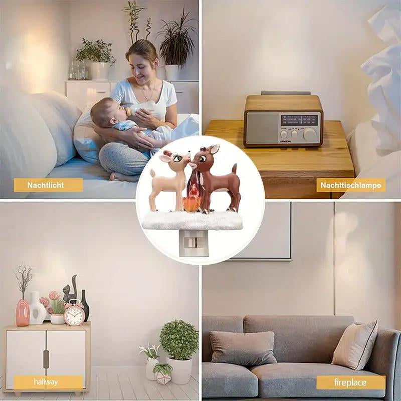 2025 Halloween 3D Deer Night Light,Spooky Night Light,Campfire Night Light,Christmas Eve Campfire Flickering Night Light,120V Plug-In Powered for Festive Ambiance
