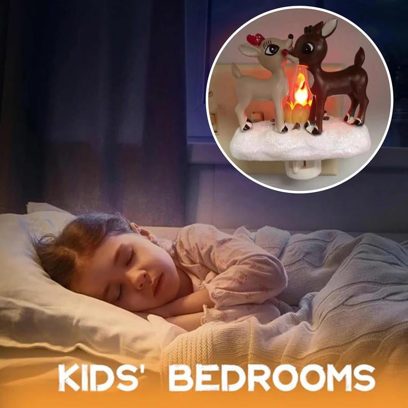 2025 Rudolph & Clarice 3D Deer Night Light, Flickering Campfire Plug-In Lamp, Spooky Halloween & Cozy Christmas Eve Night Light, 120V Plug-In Reindeer Decor for Festive Ambiance
