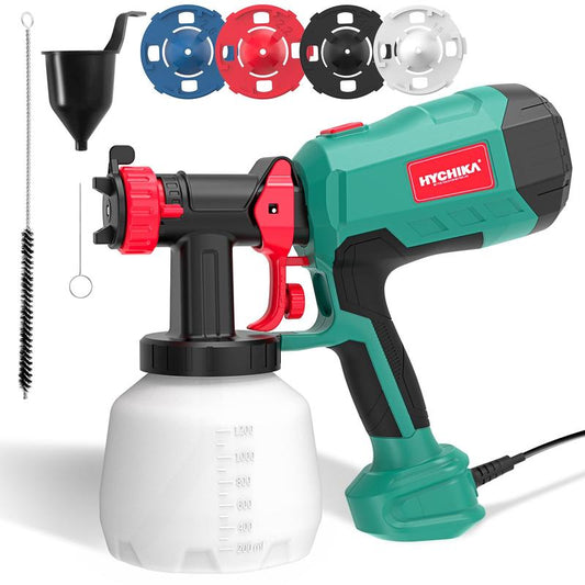 Paint Sprayer, HYCHIKA 600W HVLP Electric Paint Sprayer, 1200ML Tank 4 Nozzles and 2 Cleaning Tools, 3 Patterns for Walls and Ceilings, Fence, Wood