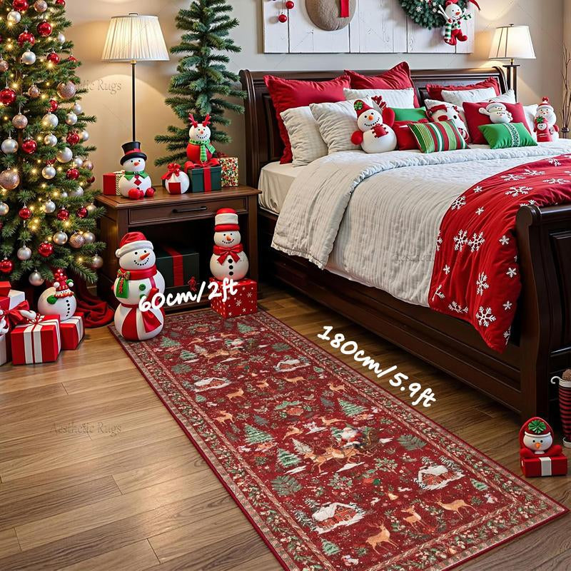 Retro Christmas Tree Deer Floral Carpet, Soft Plush Non-Slip Mat, Foldable, Indoor Use, Pet Friendly, Home Decor