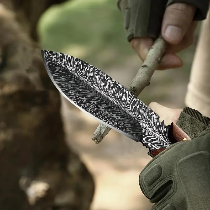 Portable Survival Knife with Wooden Handle & Leather Sheath - Feather Pattern Full Tang Blade for Dressing Game, Slicing Food, Bushcraft | Hunting Gift for Men