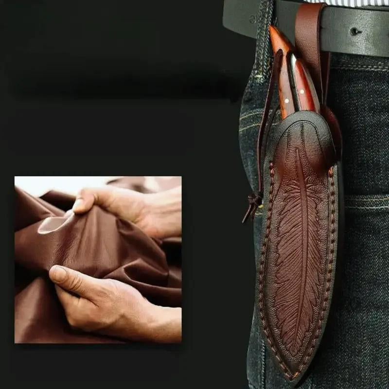 Portable Survival Knife with Wooden Handle & Leather Sheath - Feather Pattern Full Tang Blade for Dressing Game, Slicing Food, Bushcraft | Hunting Gift for Men