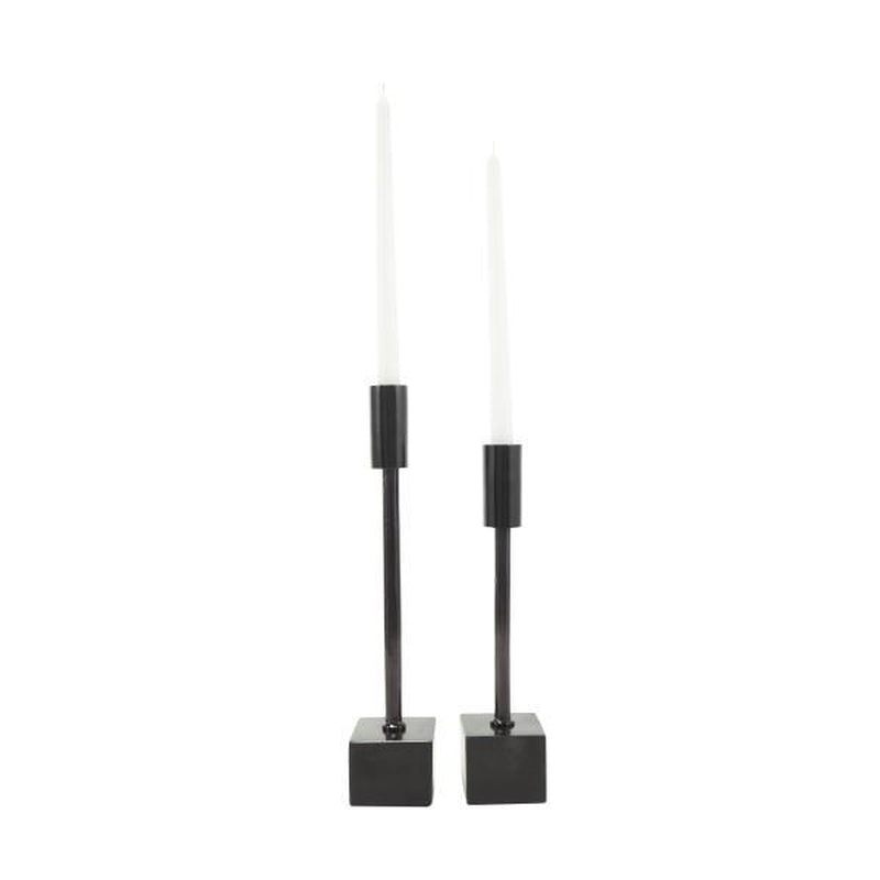 Black Aluminum Metal Slim Candle Holder with Block Bases, Set of 2 11", 13"H
