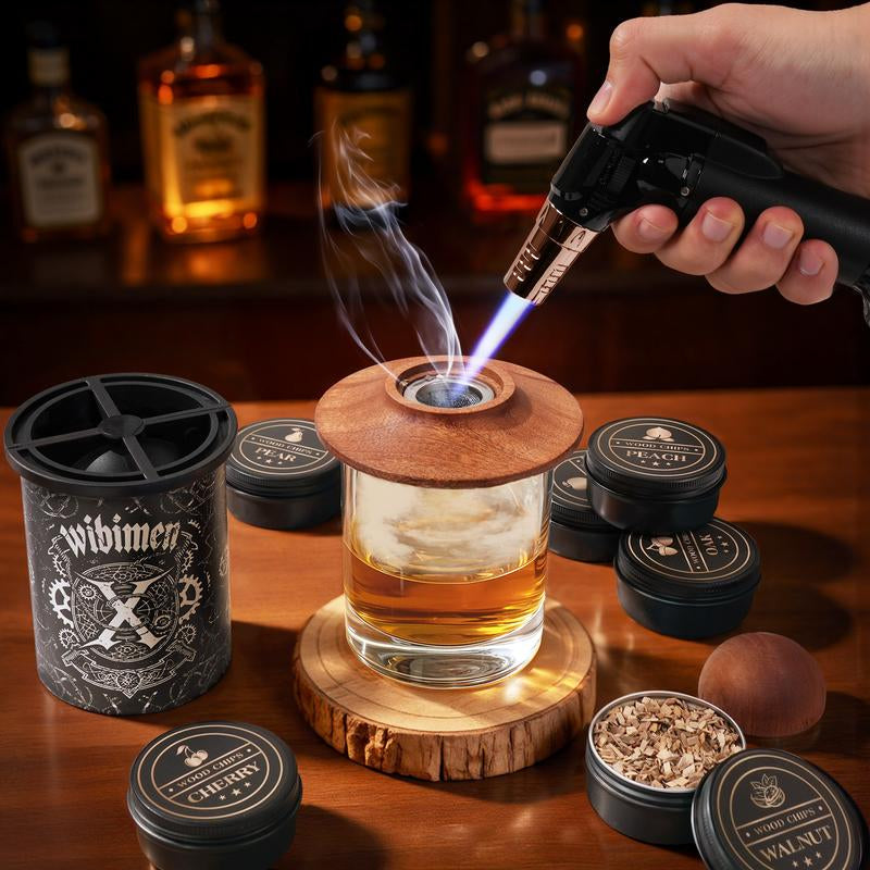 Old Fashioned Whiskey Smoker Kit – Cocktail Smoker Gift Set with 2 Glasses, 6 Wood Chip Flavors & Clear Ice Makers, Bourbon Whiskey Gifts for Men (Butane Not Included)