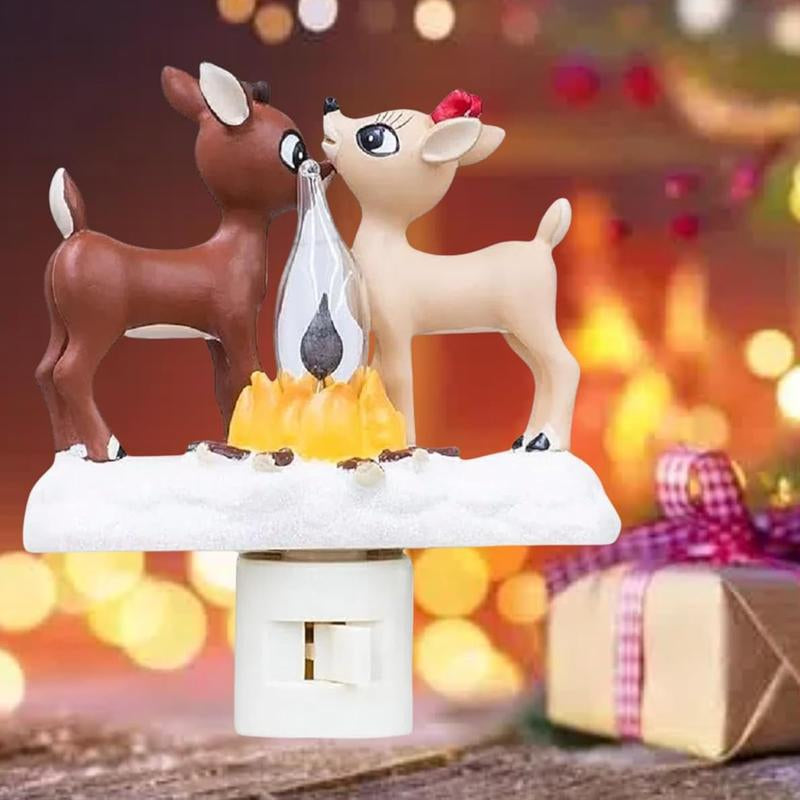 2025 Rudolph & Clarice 3D Deer Night Light, Flickering Campfire Plug-In Lamp, Spooky Halloween & Cozy Christmas Eve Night Light, 120V Plug-In Reindeer Decor for Festive Ambiance