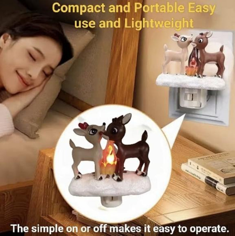 2025 Rudolph & Clarice 3D Deer Night Light, Flickering Campfire Plug-In Lamp, Spooky Halloween & Cozy Christmas Eve Night Light, 120V Plug-In Reindeer Decor for Festive Ambiance
