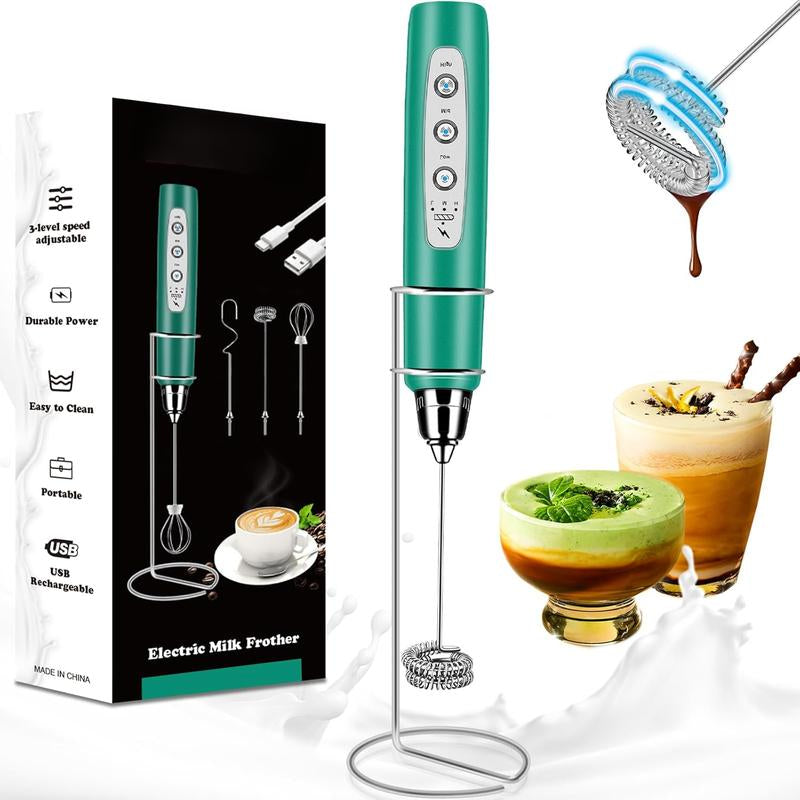 Milk Frother Handheld Rechargeable with Stand, Frother Wand Drink Mixer Electric Whisk for Coffee, Detachable with 3 Stainless Whisks, Hand Mixer for Lattes, Cappuccino, Matcha, Egg, Black