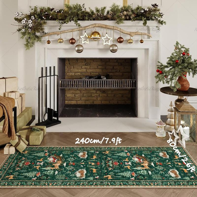 Retro Christmas Tree Deer Floral Carpet, Soft Plush Non-Slip Mat, Foldable, Indoor Use, Pet Friendly, Home Decor