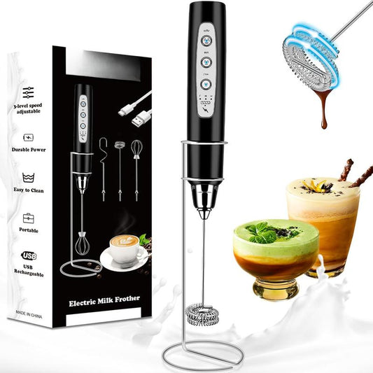 Milk Frother Handheld Rechargeable with Stand, Frother Wand Drink Mixer Electric Whisk for Coffee, Detachable with 3 Stainless Whisks, Hand Mixer for Lattes, Cappuccino, Matcha, Egg, Black