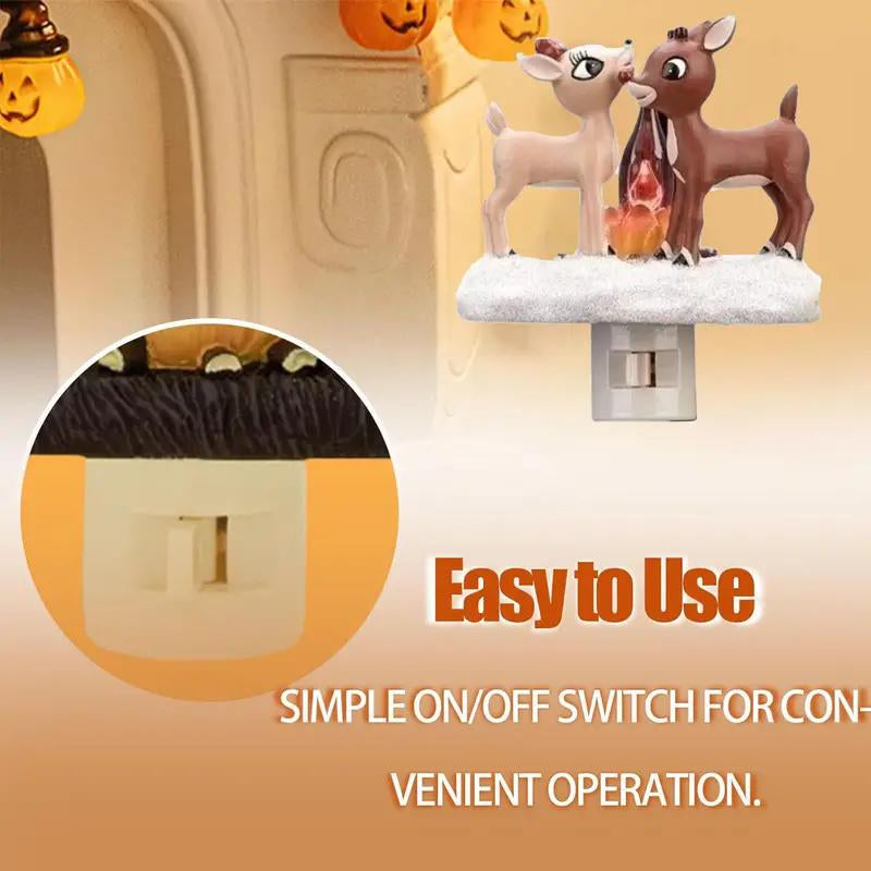 2025 Halloween 3D Deer Night Light,Spooky Night Light,Campfire Night Light,Christmas Eve Campfire Flickering Night Light,120V Plug-In Powered for Festive Ambiance