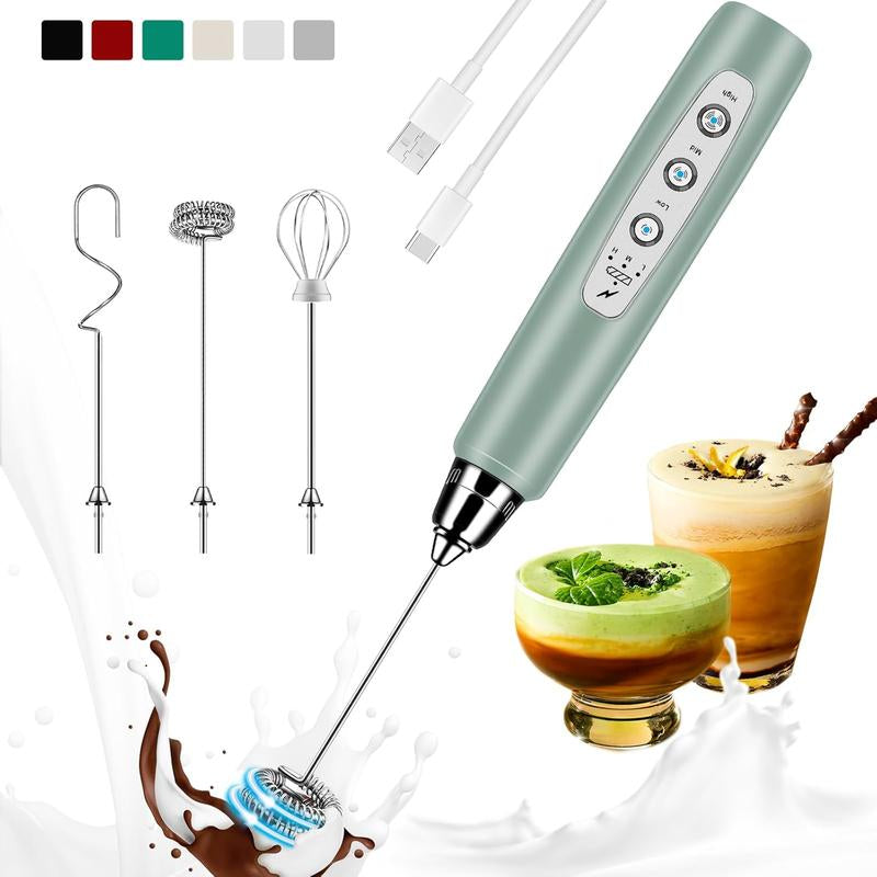 Milk Frother Handheld Rechargeable with Stand, Frother Wand Drink Mixer Electric Whisk for Coffee, Detachable with 3 Stainless Whisks, Hand Mixer for Lattes, Cappuccino, Matcha, Egg, Black