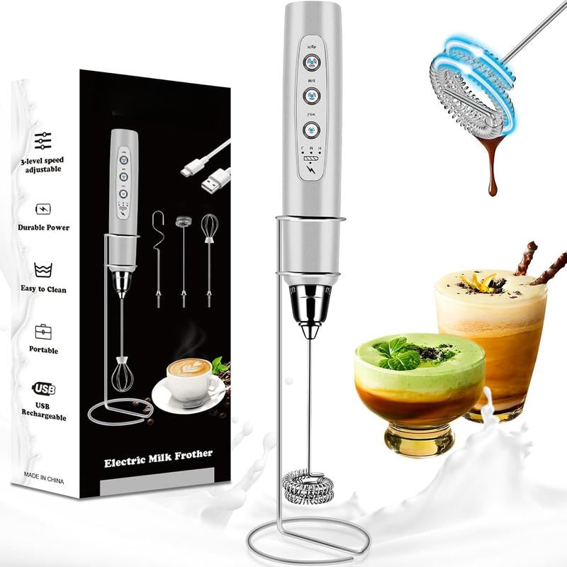 Milk Frother Handheld Rechargeable with Stand, Frother Wand Drink Mixer Electric Whisk for Coffee, Detachable with 3 Stainless Whisks, Hand Mixer for Lattes, Cappuccino, Matcha, Egg, Black