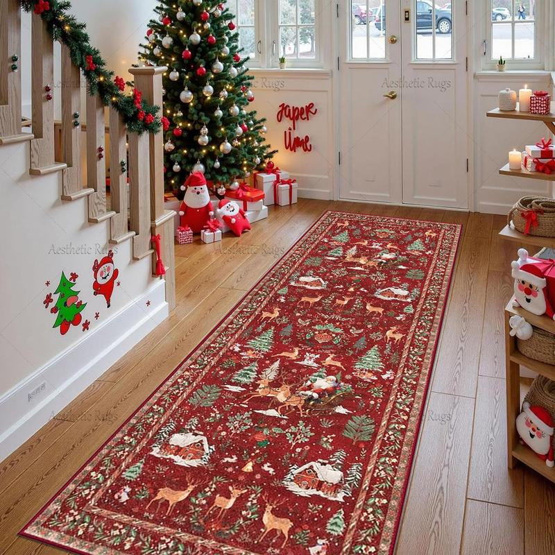 Retro Christmas Tree Deer Floral Carpet, Soft Plush Non-Slip Mat, Foldable, Indoor Use, Pet Friendly, Home Decor