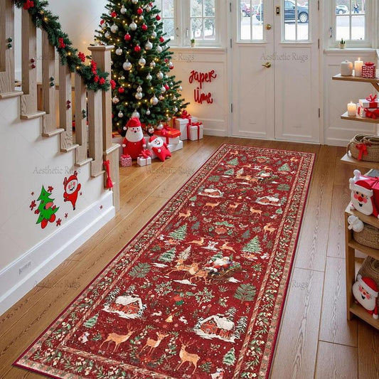 Retro Christmas Tree Deer Floral Carpet, Soft Plush Non-Slip Mat, Foldable, Indoor Use, Pet Friendly, Home Decor