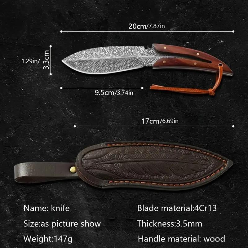 Portable Survival Knife with Wooden Handle & Leather Sheath - Feather Pattern Full Tang Blade for Dressing Game, Slicing Food, Bushcraft | Hunting Gift for Men