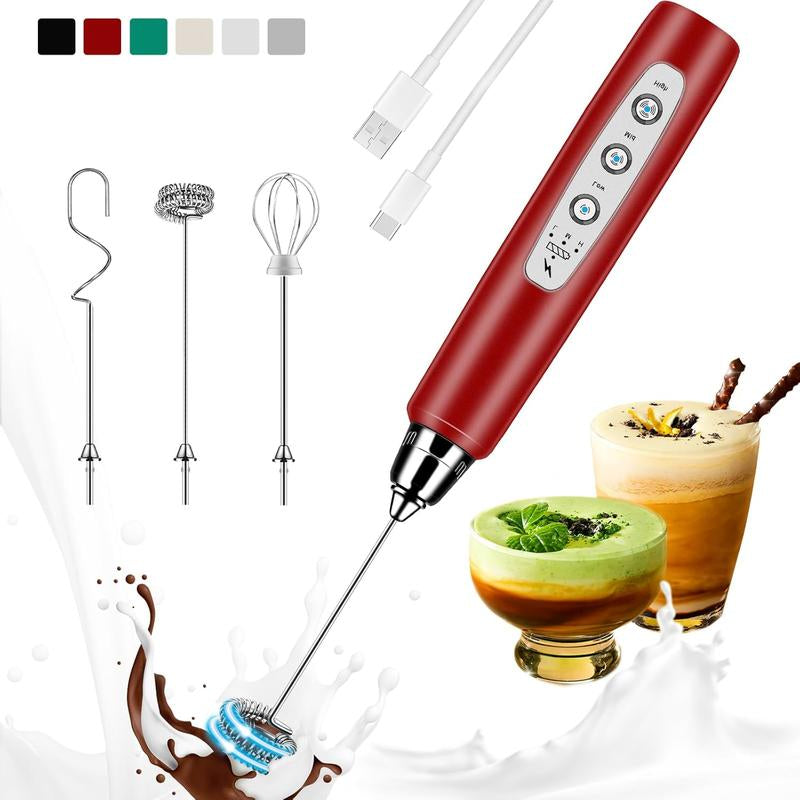 Milk Frother Handheld Rechargeable with Stand, Frother Wand Drink Mixer Electric Whisk for Coffee, Detachable with 3 Stainless Whisks, Hand Mixer for Lattes, Cappuccino, Matcha, Egg, Black