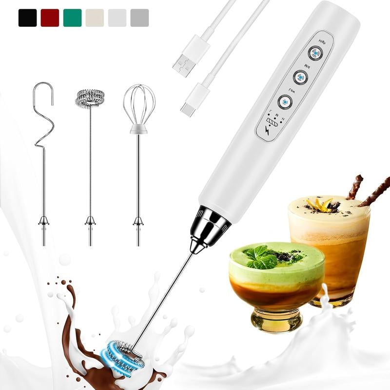 Milk Frother Handheld Rechargeable with Stand, Frother Wand Drink Mixer Electric Whisk for Coffee, Detachable with 3 Stainless Whisks, Hand Mixer for Lattes, Cappuccino, Matcha, Egg, Black