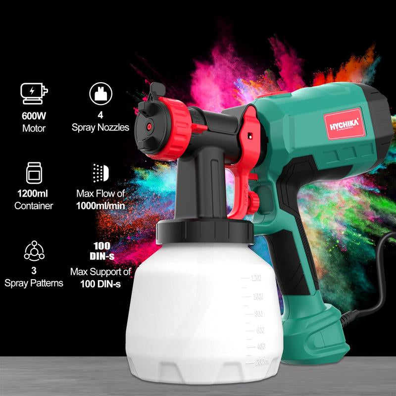 Paint Sprayer, HYCHIKA 600W HVLP Electric Paint Sprayer, 1200ML Tank 4 Nozzles and 2 Cleaning Tools, 3 Patterns for Walls and Ceilings, Fence, Wood