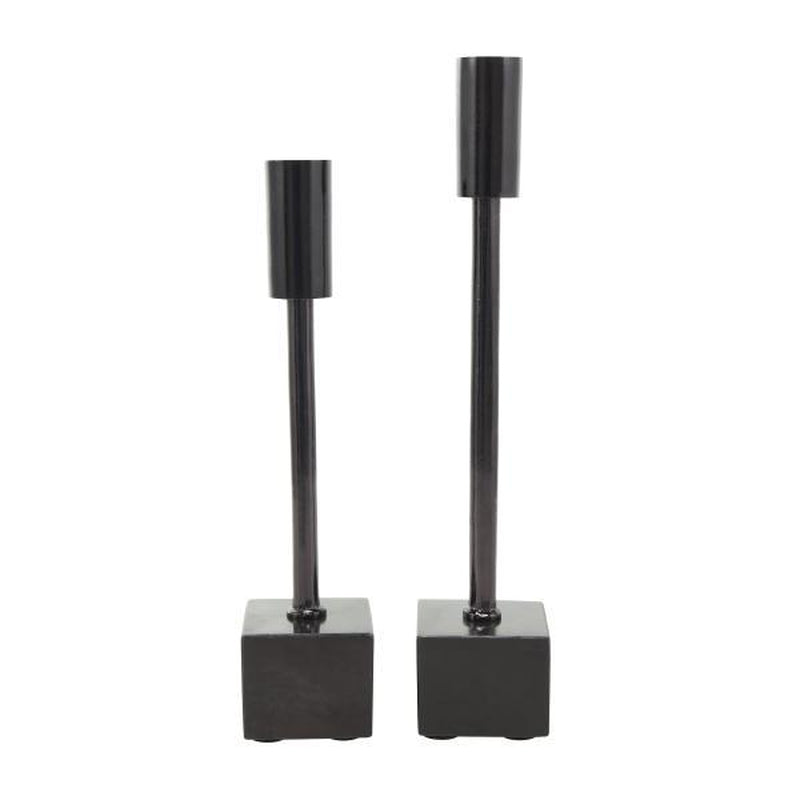 Black Aluminum Metal Slim Candle Holder with Block Bases, Set of 2 11", 13"H