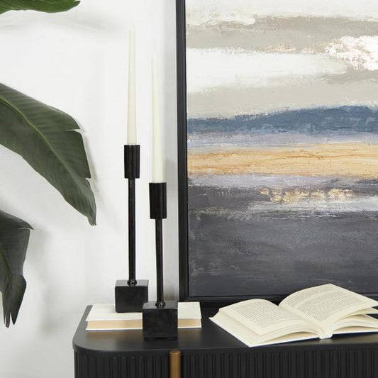 Black Aluminum Metal Slim Candle Holder with Block Bases, Set of 2 11", 13"H