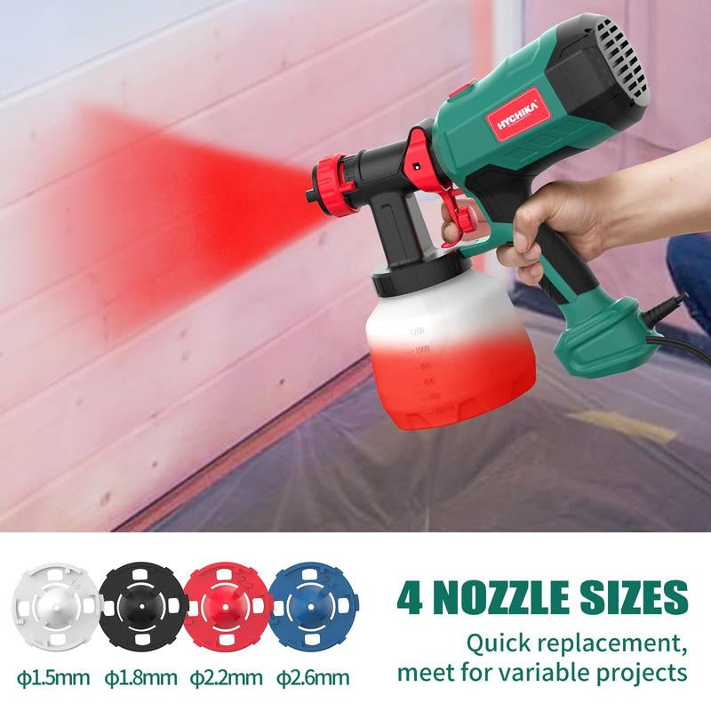 Paint Sprayer, HYCHIKA 600W HVLP Electric Paint Sprayer, 1200ML Tank 4 Nozzles and 2 Cleaning Tools, 3 Patterns for Walls and Ceilings, Fence, Wood