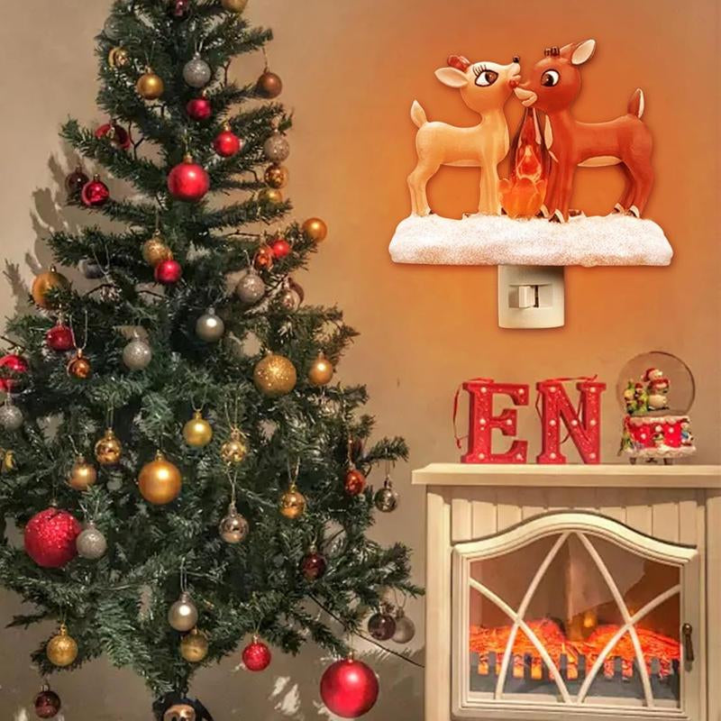 2025 Rudolph & Clarice 3D Deer Night Light, Flickering Campfire Plug-In Lamp, Spooky Halloween & Cozy Christmas Eve Night Light, 120V Plug-In Reindeer Decor for Festive Ambiance