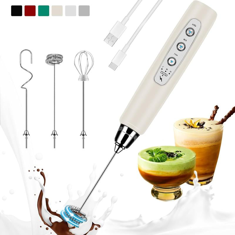 Milk Frother Handheld Rechargeable with Stand, Frother Wand Drink Mixer Electric Whisk for Coffee, Detachable with 3 Stainless Whisks, Hand Mixer for Lattes, Cappuccino, Matcha, Egg, Black