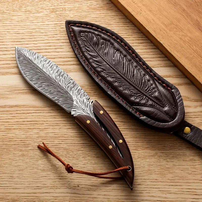 Portable Survival Knife with Wooden Handle & Leather Sheath - Feather Pattern Full Tang Blade for Dressing Game, Slicing Food, Bushcraft | Hunting Gift for Men