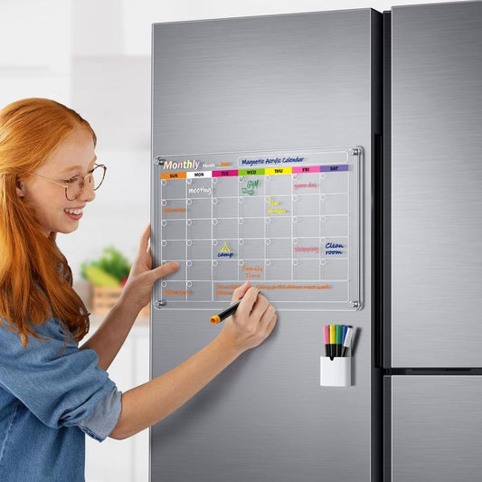 Acrylic Magnetic Calendar for Fridge, 2-Pack Monthly & Weekly Dry Erase Board Planner Noteboard Set for Refrigerator, Glass/Wood Wall, 6 Colors Markers (17"X12") Decor