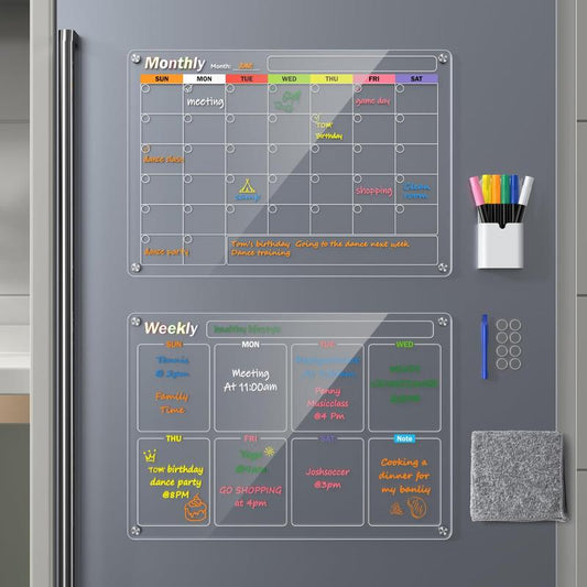 Acrylic Magnetic Calendar for Fridge, 2-Pack Monthly & Weekly Dry Erase Board Planner Noteboard Set for Refrigerator, Glass/Wood Wall, 6 Colors Markers (17"X12") Decor