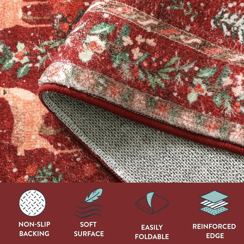 Retro Christmas Tree Deer Floral Carpet, Soft Plush Non-Slip Mat, Foldable, Indoor Use, Pet Friendly, Home Decor