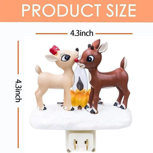 2025 Rudolph & Clarice 3D Deer Night Light, Flickering Campfire Plug-In Lamp, Spooky Halloween & Cozy Christmas Eve Night Light, 120V Plug-In Reindeer Decor for Festive Ambiance