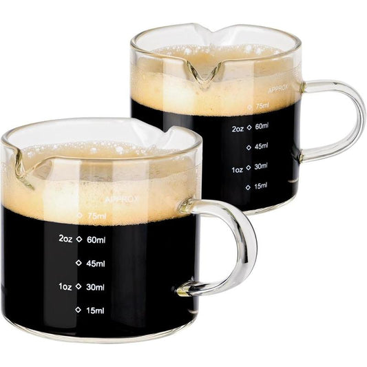 Double Spouts Glass Coffe Cup with Handle - 75ML/2.5OZ, Clear, Scale Measurement - Espresso Shot Glasses Cup(2Pcs)