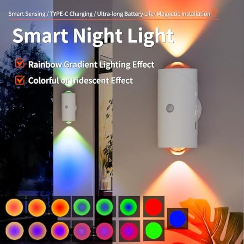 Dimmable RGB Motion Sensor Night Light – Plug-Free Rechargeable Ambient Wall Lamp, Stick Anywhere Magnetic Step Light for Stairs, Wardrobe & Desk – Cozy Holiday Room Decor Gift Christmas, Halloween, Valentine’S Day
